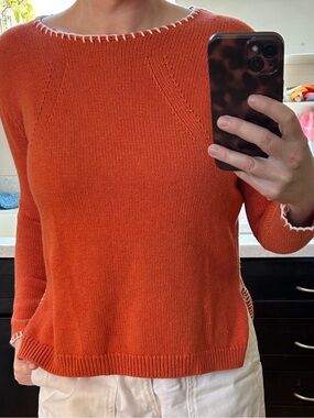 Elliott Lauren Orange Crewneck Sweater with White Whipstitch Trim